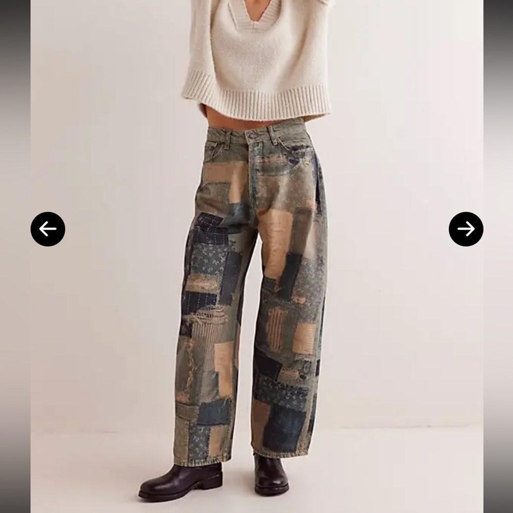 Free People We The Free Illusions Printed Relaxed Jeans Indigo Combo Size 27 NWT